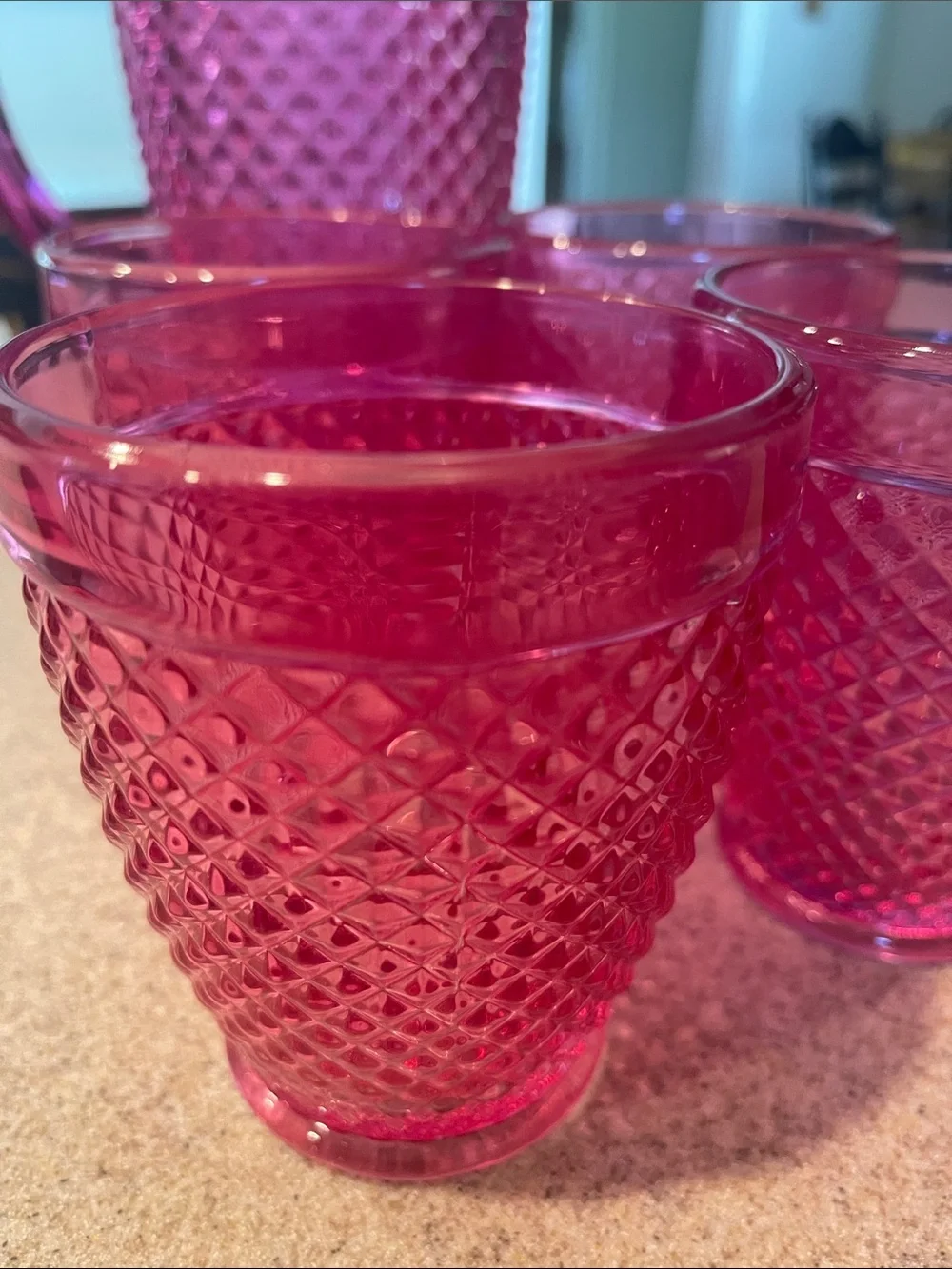 Michaels Hot Pink Diamond-Pattern Glass Pitcher with 4 Matching Tumblers